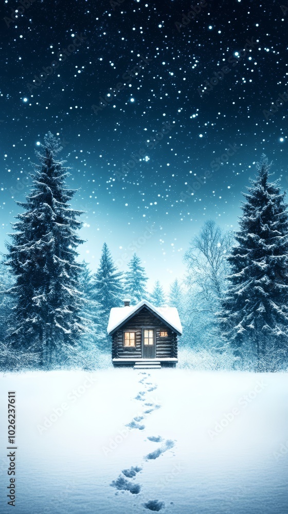 Cozy cabin in snowy landscape under a starry sky during winter season. Cozy cabin in snowy landscape under a starry sky during winter season.