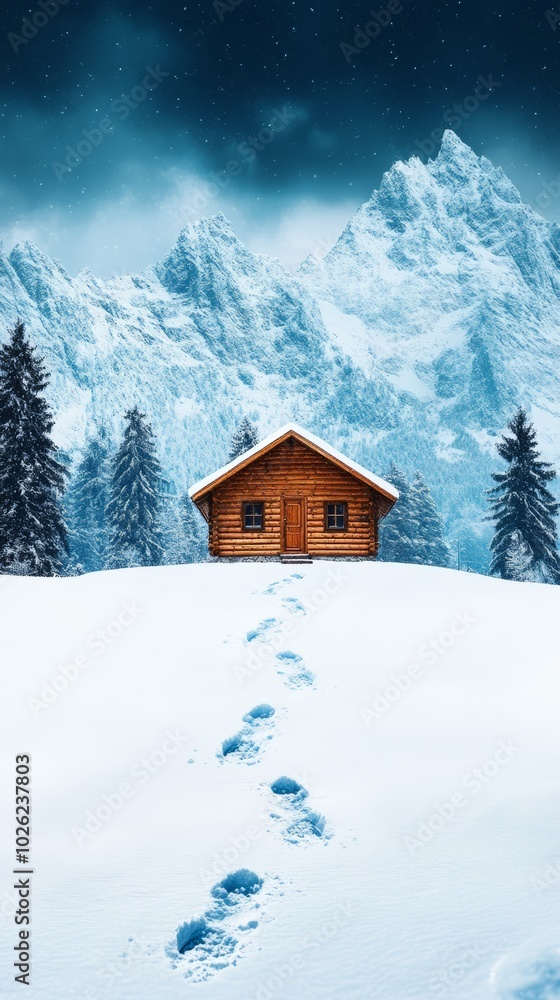 Cozy cabin in snowy landscape with mountains and footprints in the snow Cozy cabin in snowy landscape with mountains and footprints in the snow