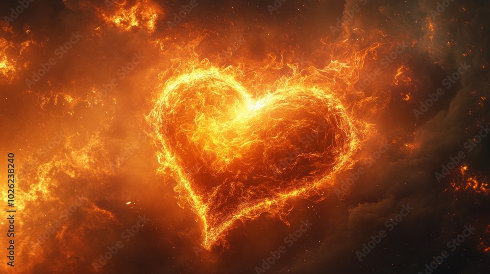 A heart made of fire is floating in space A heart made of fire is floating in space