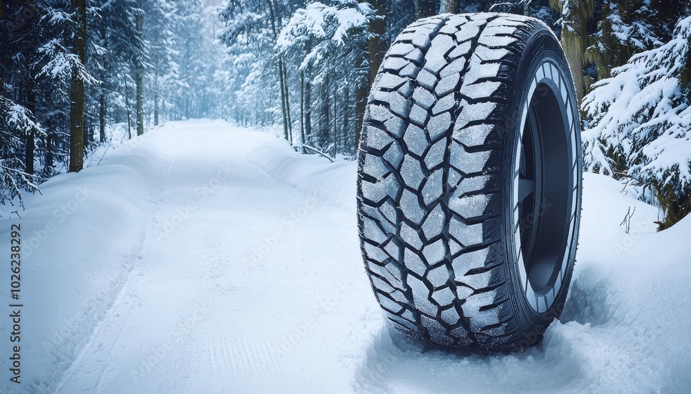 A winter scene featuring a prominent tire on a snowy road, highlighting its tread design for optimal performance in cold conditions. A winter scene featuring a prominent tire on a snowy road, highlighting its tread design for optimal performance in cold conditions.