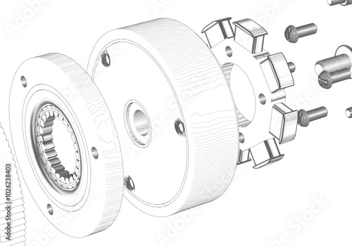 Rotor, stator and other parts on a white background.