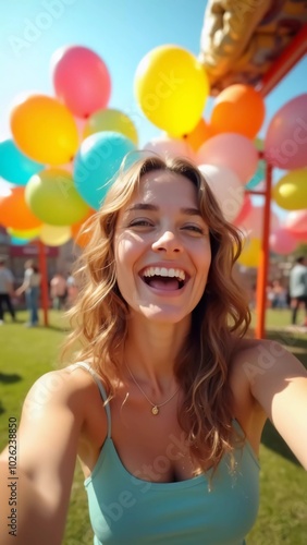 Joyful young woman joyfully capturing a selfie surrounded by colorful balloons at a festive outdoor event, radiating happiness and excitement while celebrating life and the beauty of carefree moments
