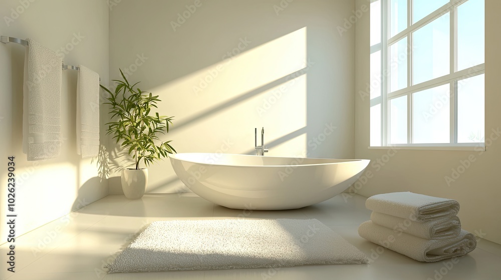 A minimalist bathroom scene with a large, inviting bath, plush towels, and a calming atmosphere. A minimalist bathroom scene with a large, inviting bath, plush towels, and a calming atmosphere.