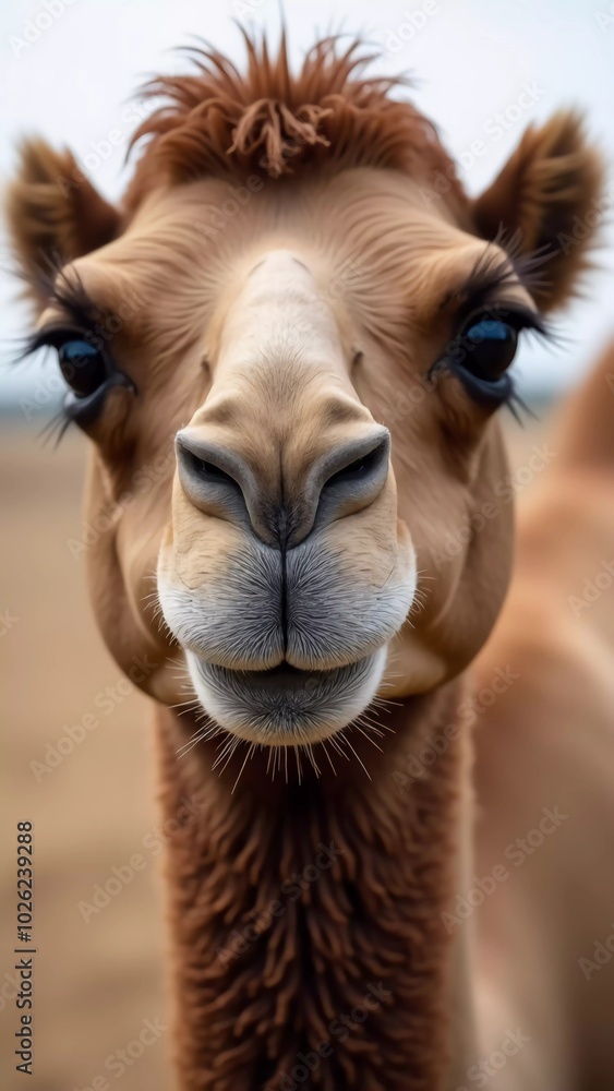 Obraz premium A captivating close-up of a friendly camel's face, showcasing its expressive eyes and unique features, embodying the charm of desert wildlife and the beauty of nature in a serene outdoor environment