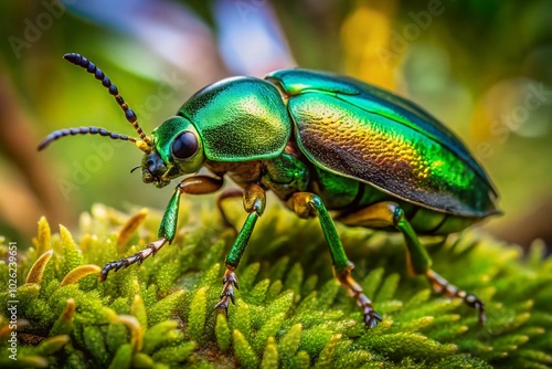 Captivating Flying Green Beetle in Nature, Showcasing Vibrant Color and Intricate Details of Insect Life in the Wild