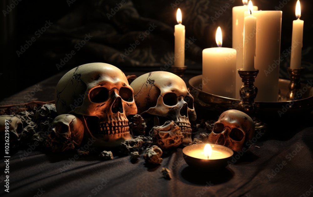 Haunting Skull Arrangement with Candlelight Glow - Made with Generative AI Haunting Skull Arrangement with Candlelight Glow - Made with Generative AI