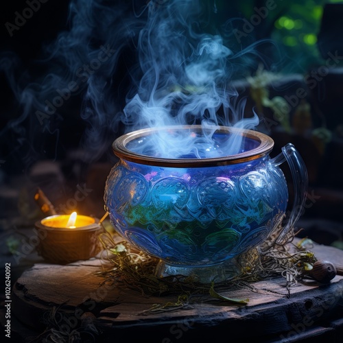 Mystical Elixir in a Blue Glass Teapot with Rising Smoke - Made with Generative AI photo