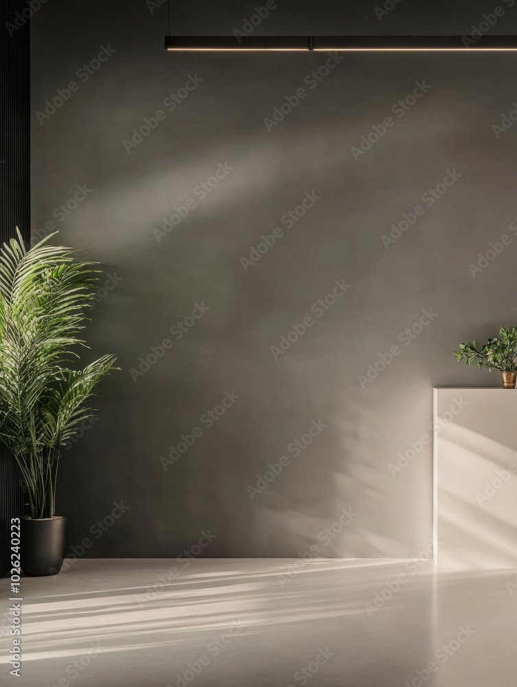 A modern room showcases a minimalist design with soft shadows and natural light A modern room showcases a minimalist design with soft shadows and natural light