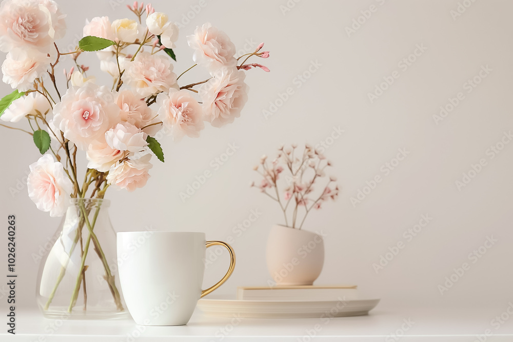 A serene indoor setting showcases a beautiful vase filled with soft pink flowers alongside a stylish mug and a smaller vase. The arrangement exudes tranquility and charm A serene indoor setting showcases a beautiful vase filled with soft pink flowers alongside a stylish mug and a smaller vase. The arrangement exudes tranquility and charm