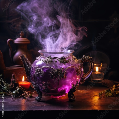 Enchanting Teapot with Magical Purple Brew and Aromatic Steam - Made with Generative AI photo