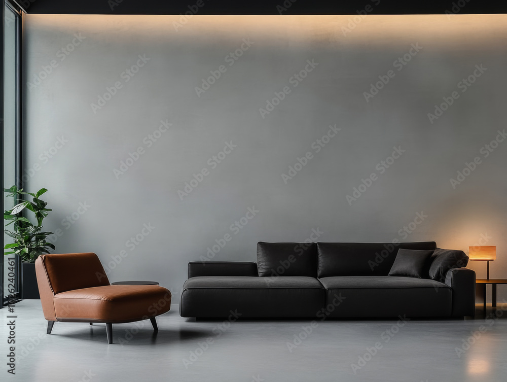Modern living room with a sleek sofa, accent chair, and soft urban lighting Modern living room with a sleek sofa, accent chair, and soft urban lighting