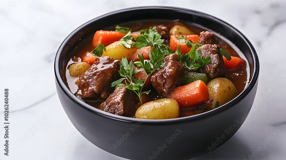 A hearty beef stew in a black ceramic bowl, showcasing tender meat chunks and colorful vegetables garnished with parsley, embodying comfort food aesthetics against a white marble tabletop. A hearty beef stew in a black ceramic bowl, showcasing tender meat chunks and colorful vegetables garnished with parsley, embodying comfort food aesthetics against a white marble tabletop.
