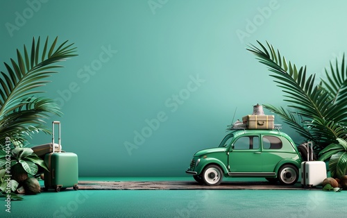 Green car with luggage ready for summer holidays 3D Render