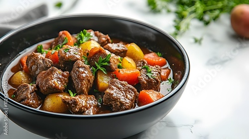 A hearty beef stew in a black ceramic bowl, showcasing tender meat chunks and colorful vegetables garnished with parsley, embodying comfort food aesthetics against a white marble tabletop.