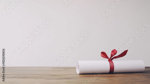 Close-up of a diploma scroll on a plain wooden table white background bright natural lighting minimalistic layout copy space for text photo