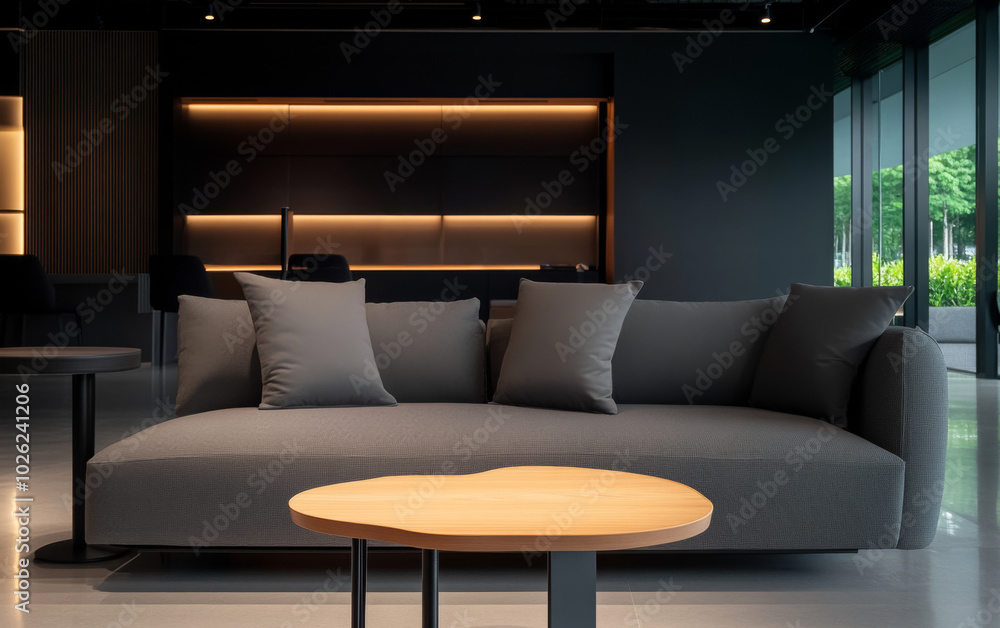 Modern lounge with a cozy gray sofa and minimalist wooden coffee table in a well-lit setting Modern lounge with a cozy gray sofa and minimalist wooden coffee table in a well-lit setting