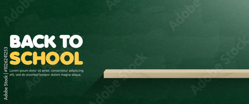 3D Vector back to school sale display stand backdrop banner on chalkboard classroom background for student discount promotion,  stationery ads online, social media, post, advertisement, wallpaper