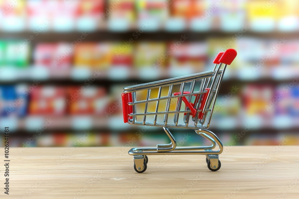 custom made wallpaper toronto digitalA shopping cart stands on a wooden surface, with a blurred background of colorful product packaging, suggesting a retail environment.