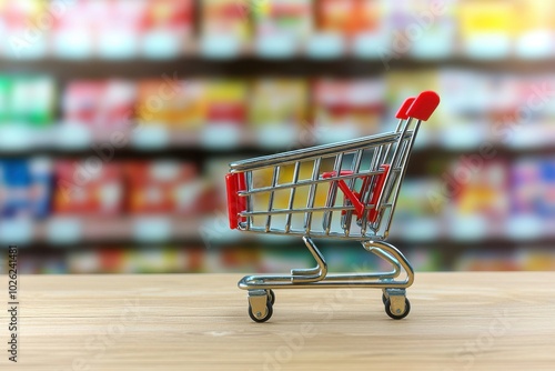 Wallpaper Mural A shopping cart stands on a wooden surface, with a blurred background of colorful product packaging, suggesting a retail environment. Torontodigital.ca