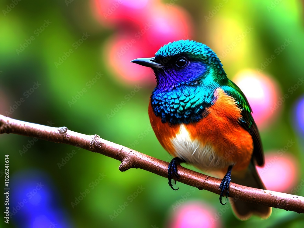 A colorful bird sits on a branch in the forest. A colorful bird sits on a branch in the forest.
