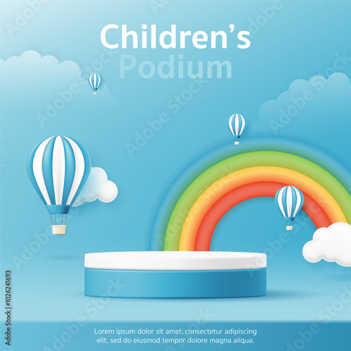 3D Kid product display cylinder stand podium banner. Rainbow, balloon background for baby online store, children clothes toy shop, fashion discount promotion sale advertisement, social media web post
