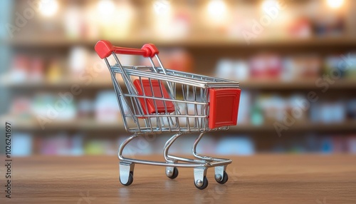 Wallpaper Mural A small metal shopping cart with red accents, set against a blurred background of various products. Torontodigital.ca