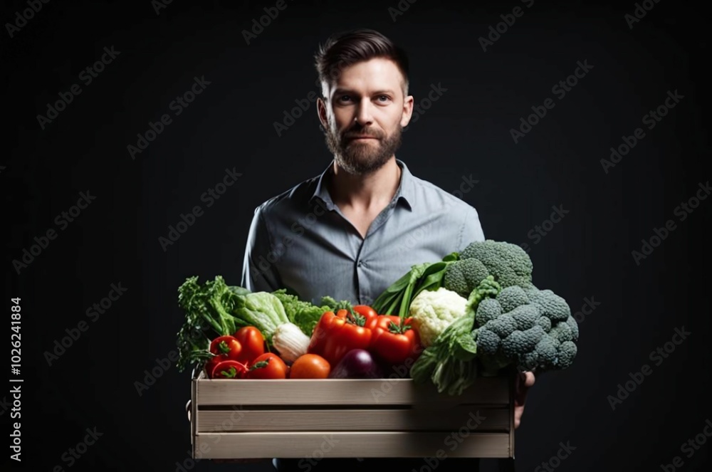 Farmer man holding wooden box full of fresh raw vegetables in his hands. Basket with vegetable in the hands. Agriculture and gardening concept Farmer man holding wooden box full of fresh raw vegetables in his hands. Basket with vegetable in the hands. Agriculture and gardening concept