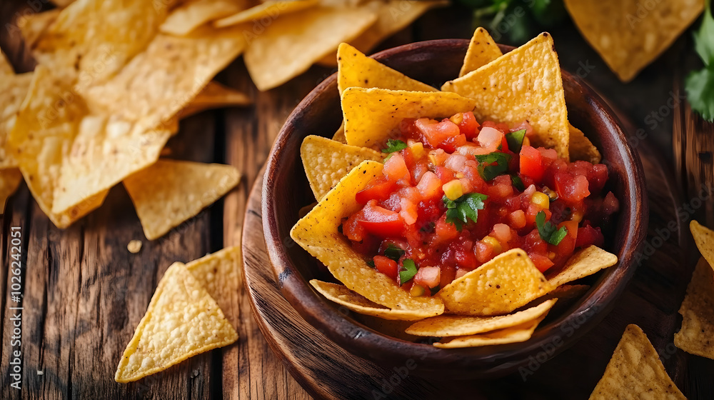 Tortilla chips with tomato salsa in bowl on wooden table Tortilla chips with tomato salsa in bowl on wooden table