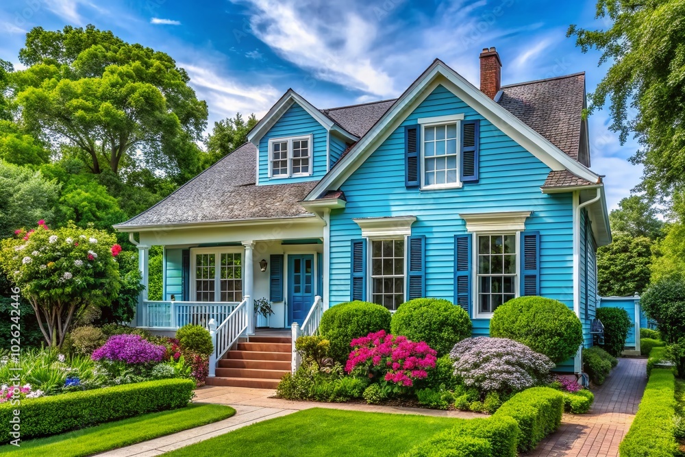 Charming Light Blue House with Shutters Surrounded by Lush Greenery in a Picturesque Neighborhood Setting Charming Light Blue House with Shutters Surrounded by Lush Greenery in a Picturesque Neighborhood Setting