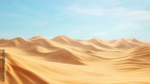 Big 3d realistic background of sand dunes. Desert landscape with blue sky