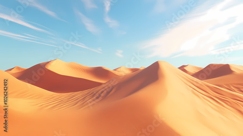 Big 3d realistic background of sand dunes. Desert landscape with blue sky