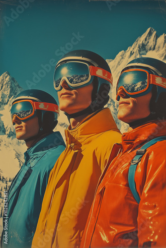retro photo of three men in ski resort in the mountains 