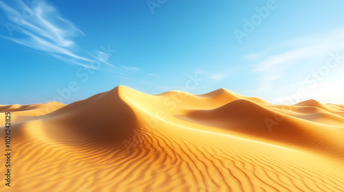 Big 3d realistic background of sand dunes. Desert landscape with blue sky