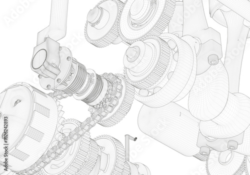 Gears and other parts on a white background.