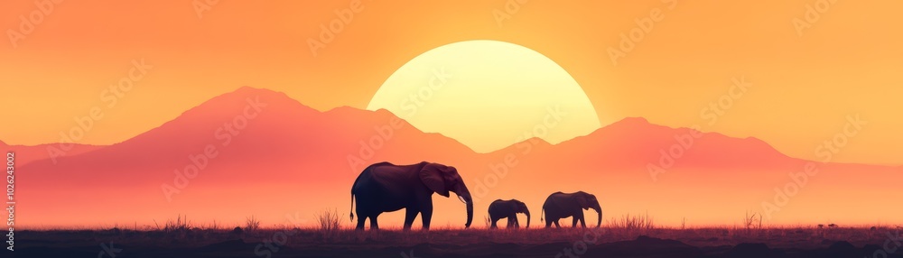 Fototapeta premium Elephants silhouette against a vibrant sunset landscape.