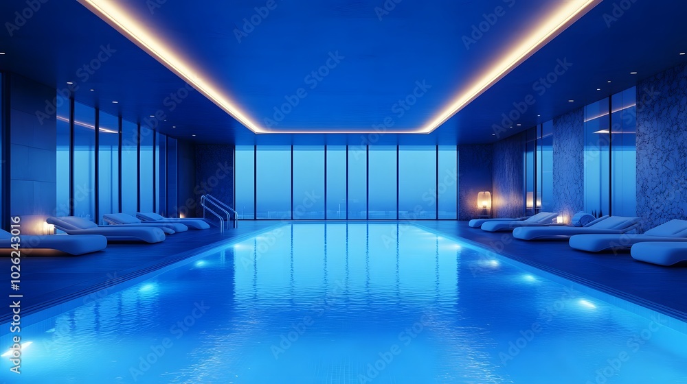 Fototapeta premium A luxurious indoor swimming pool with modern architecture, featuring floor-to-ceiling windows and illuminated blue water, a tranquil atmosphere of contemporary luxury at night.