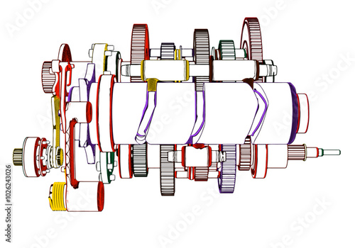 Motorcycle gearbox on white background.