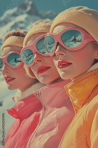 vintage portrait of beautiful women on the ski resort in the mountains 