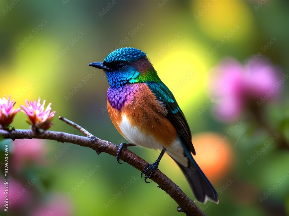 A colorful bird sits on a branch in the forest. A colorful bird sits on a branch in the forest.