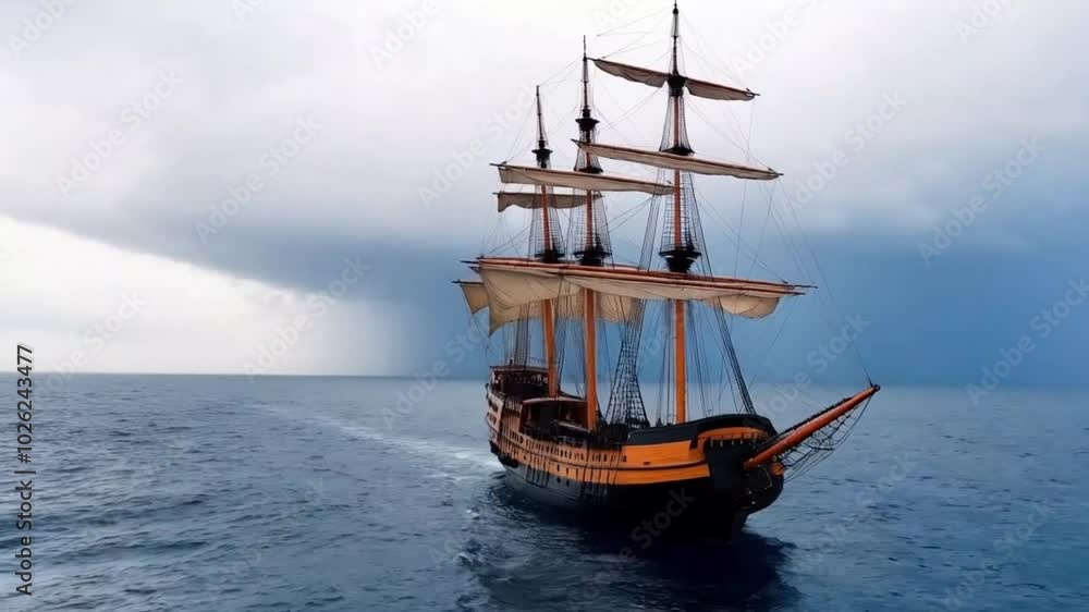 Big war sail ship sailing on a stormy ocean Big war sail ship sailing on a stormy ocean