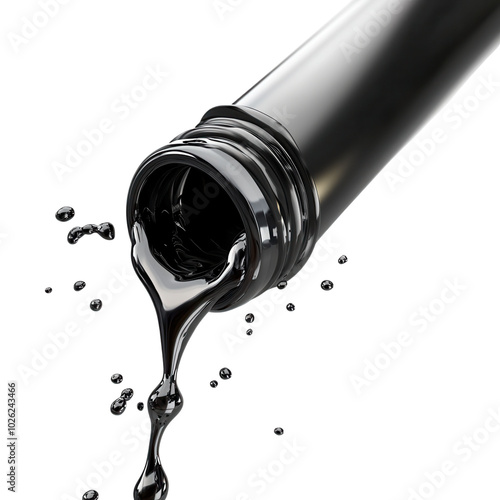 Spilling black oil from metal pipe, isolated on white background. on transparent cutout, PNG file photo