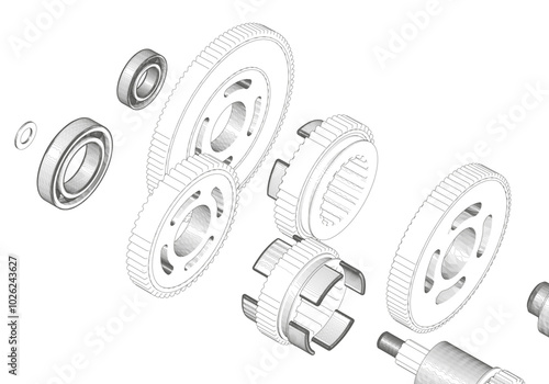 Gears and other parts on a white background.