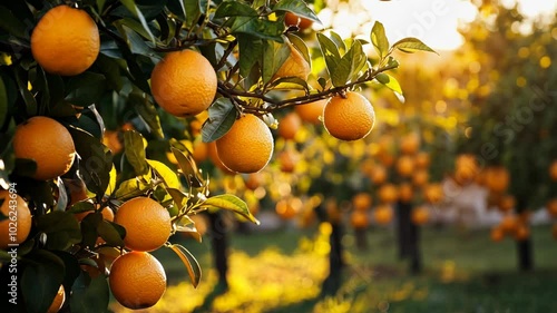 A close-up of ripe oranges hanging from a tree in a citrus grove during the late afternoon