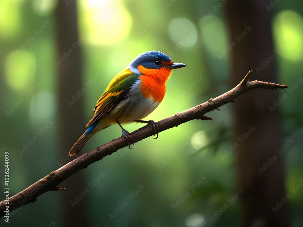 A colorful bird sits on a branch in the forest. A colorful bird sits on a branch in the forest.