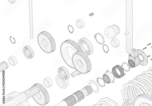 Gears and other parts on a white background.