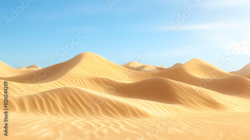 Big 3d realistic background of sand dunes. Desert landscape with blue sky photo