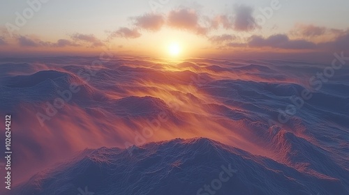 Majestic sunrise over vast, rolling ocean waves with tranquil clouds dancing in the golden morning light