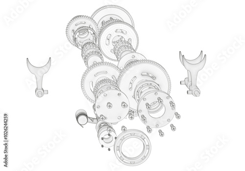 Motorcycle gearbox on white background.