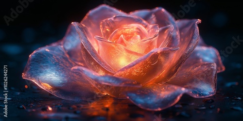 A beautifully detailed translucent glass rose glows warmly from within against a dark, moody background.
