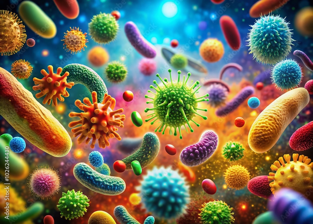 Fototapeta premium Colorful Illustration of Bacteria, Microorganisms, and Their Structures in Scientific and Educational Contexts